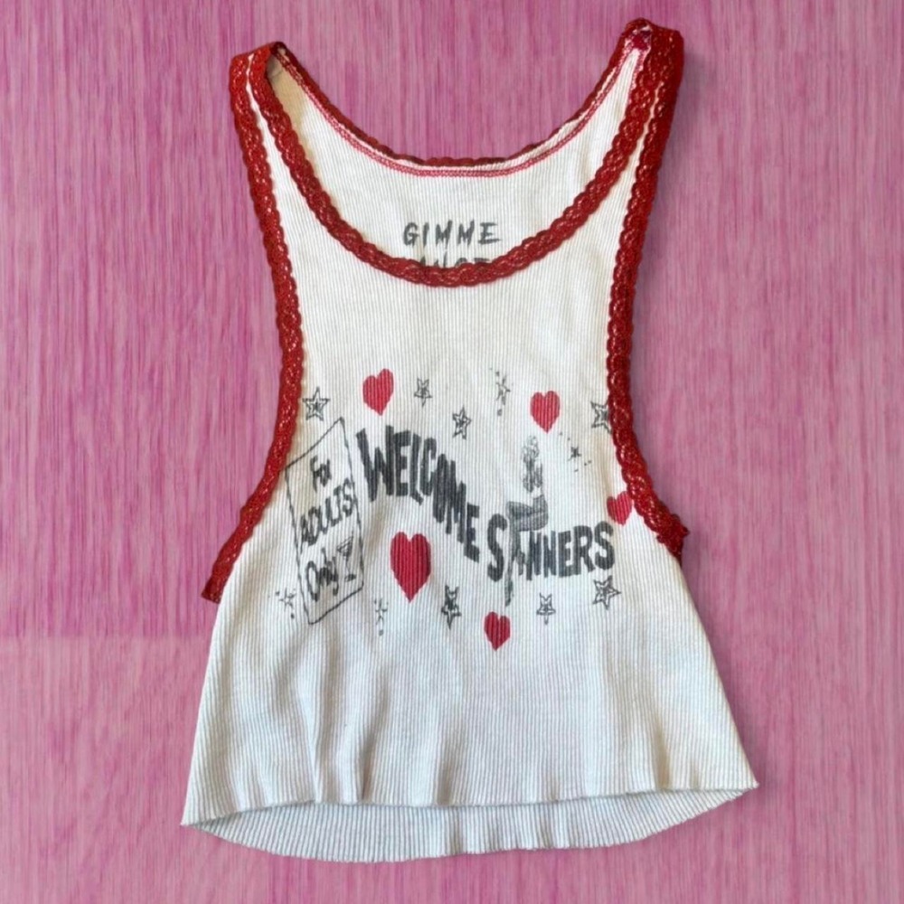gimme danger LA welcome sinners red and white lace cropped tank top